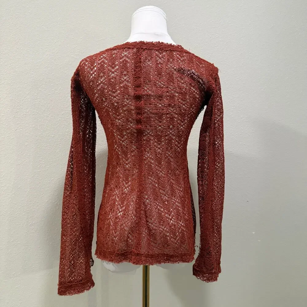 Free People Rust Orange Crochet Lace Sheer Long Sleeve Top Small Boho Festival